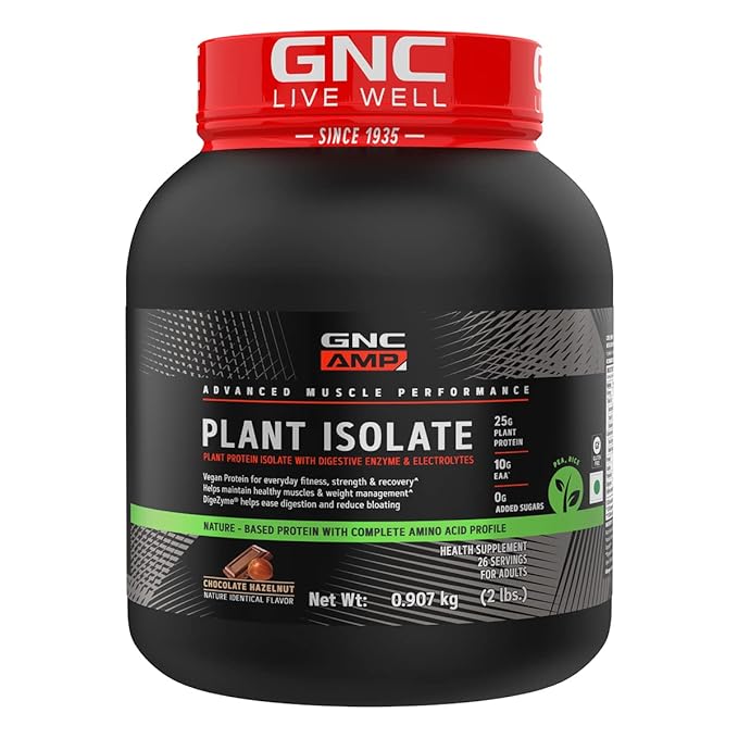 GNC AMP Plant Isolate Protein | 2 lbs | 26 Servings| Vegan Protein | Lactose Free &amp; Soy Free |DigeZyme For Easy Digestion | Active Lifestyle | Healthy Muscles| Chocolate Hazelnut | 907 gm